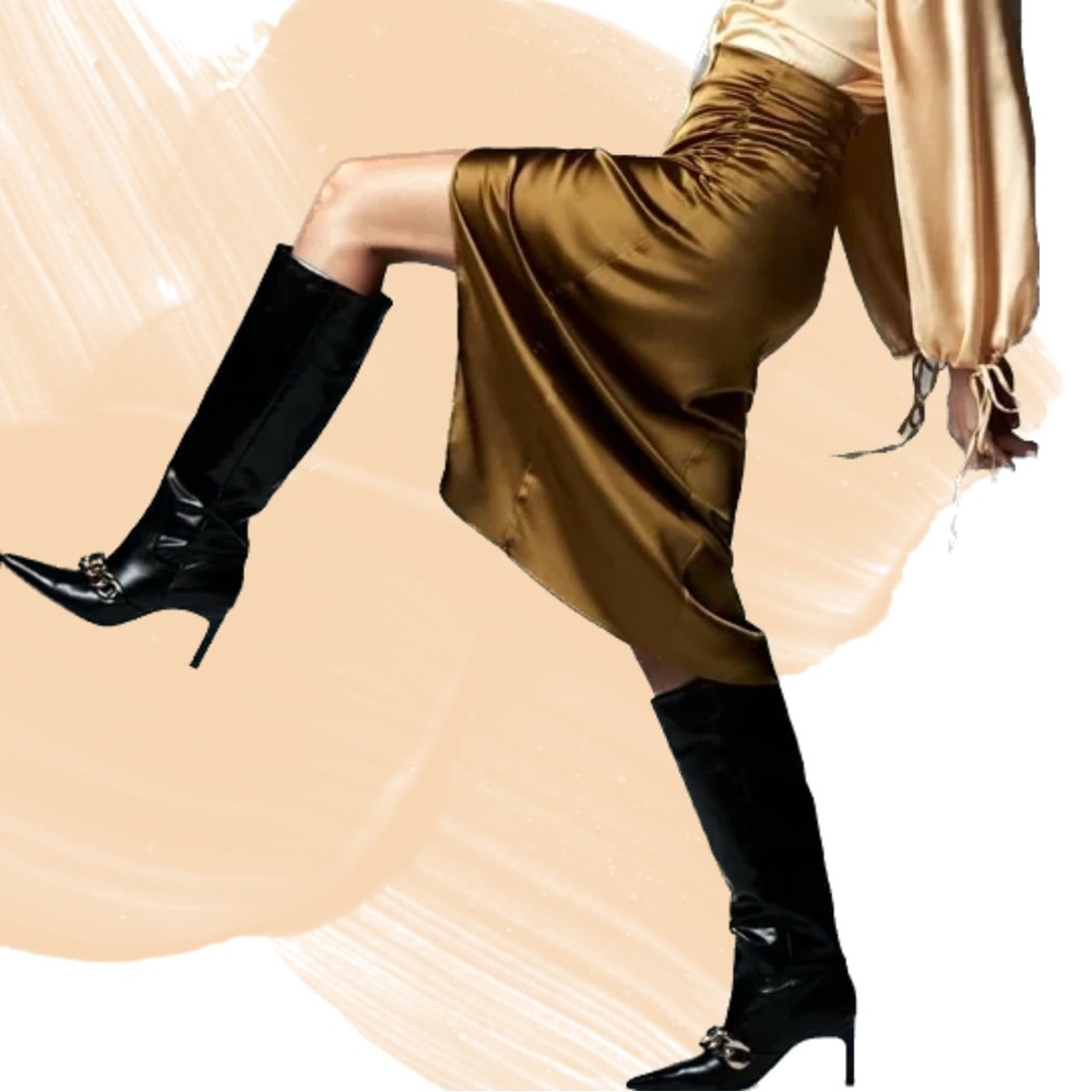 Gold Satin Ruched Midi Skirt